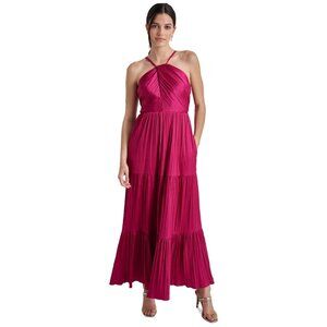 DKNY Women's Sleeveless Tiered Pleated Halter-Neck Dress Red Size 16 MSRP $149